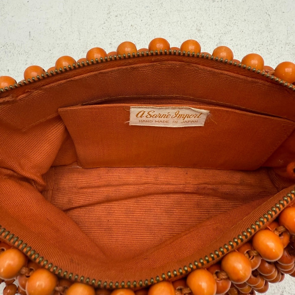 VTG 60s A Sarne Import Japan Made Wood Bead Shoulder Bag Atomic Orange Retro - Picture 6 of 10